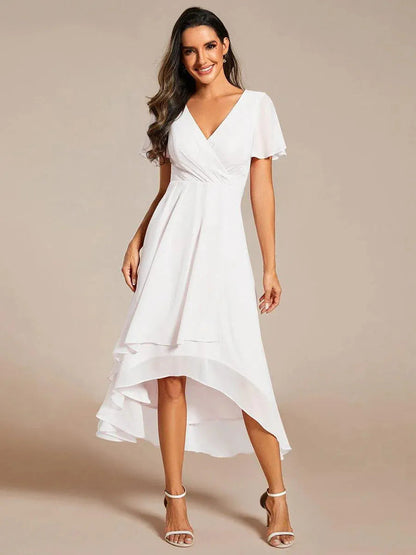 Ruffle Sleeve Pleated Midi Dress - V-Neck A-Line