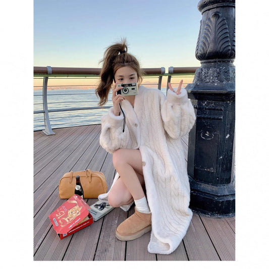 Women's Woolen Twist Mink Fur Loose Over Coats