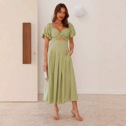 Sexy hollow women's senior sense slim A word waist medium and long dress
