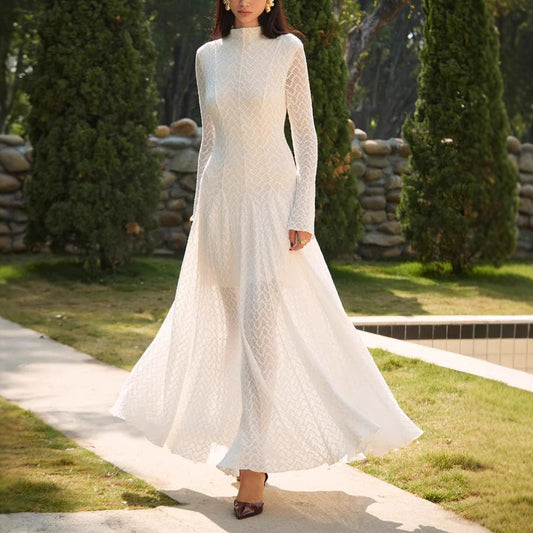 Autumn Winter Niche Design Beautiful Lace Slim Fit Slimming Wide Hem Maxi Dress Women