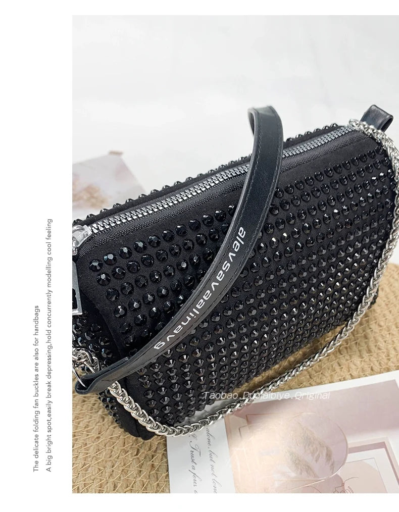 New Arrival Trendy Rhinestone Small Square Bag | Full Diamond Underarm Bag & Women's Chain Shoulder Crossbody Small Handbag (Japanese & Korean Style)