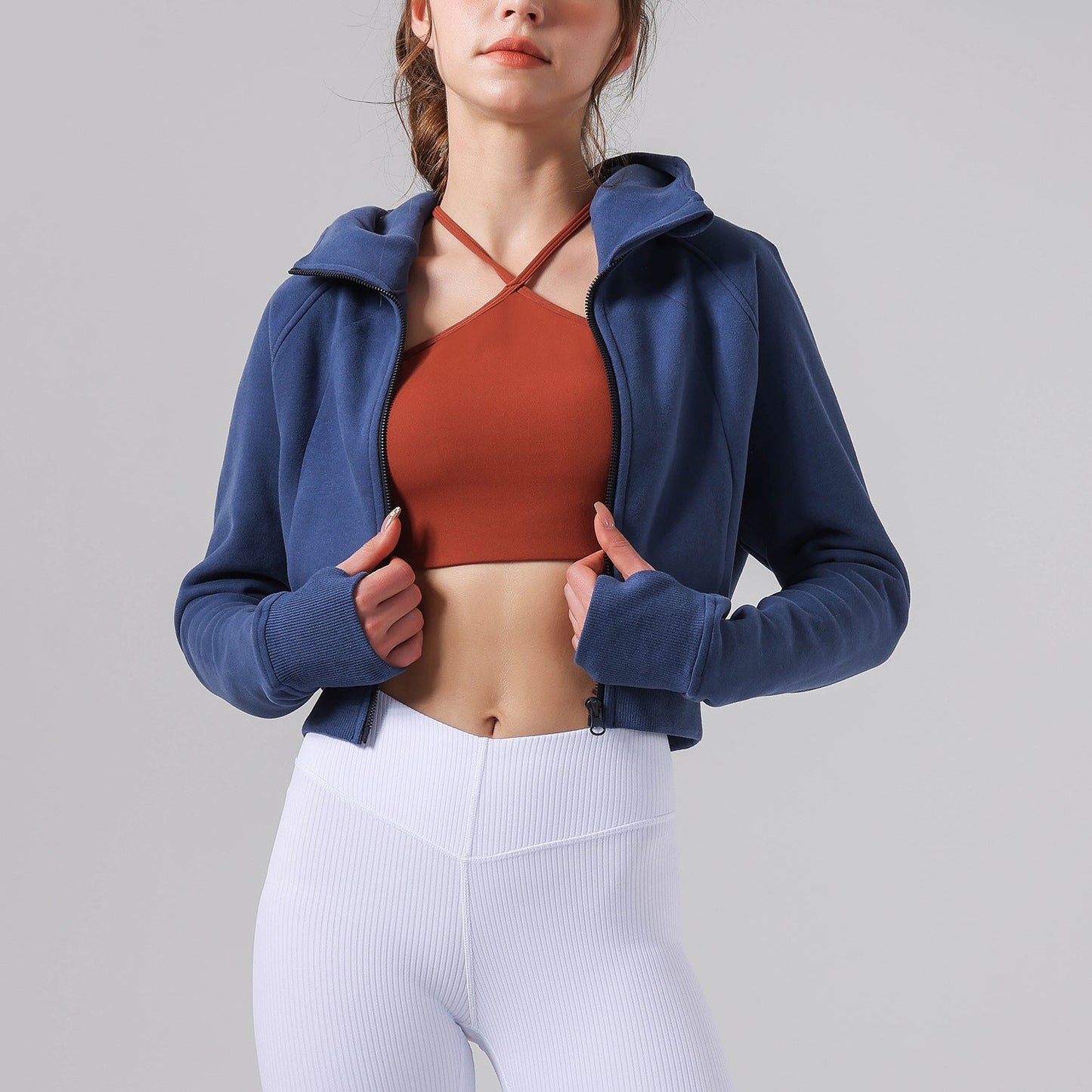 Casual Fleece lined Yoga Hooded Fitness Sports Top Long Sleeve Sweater