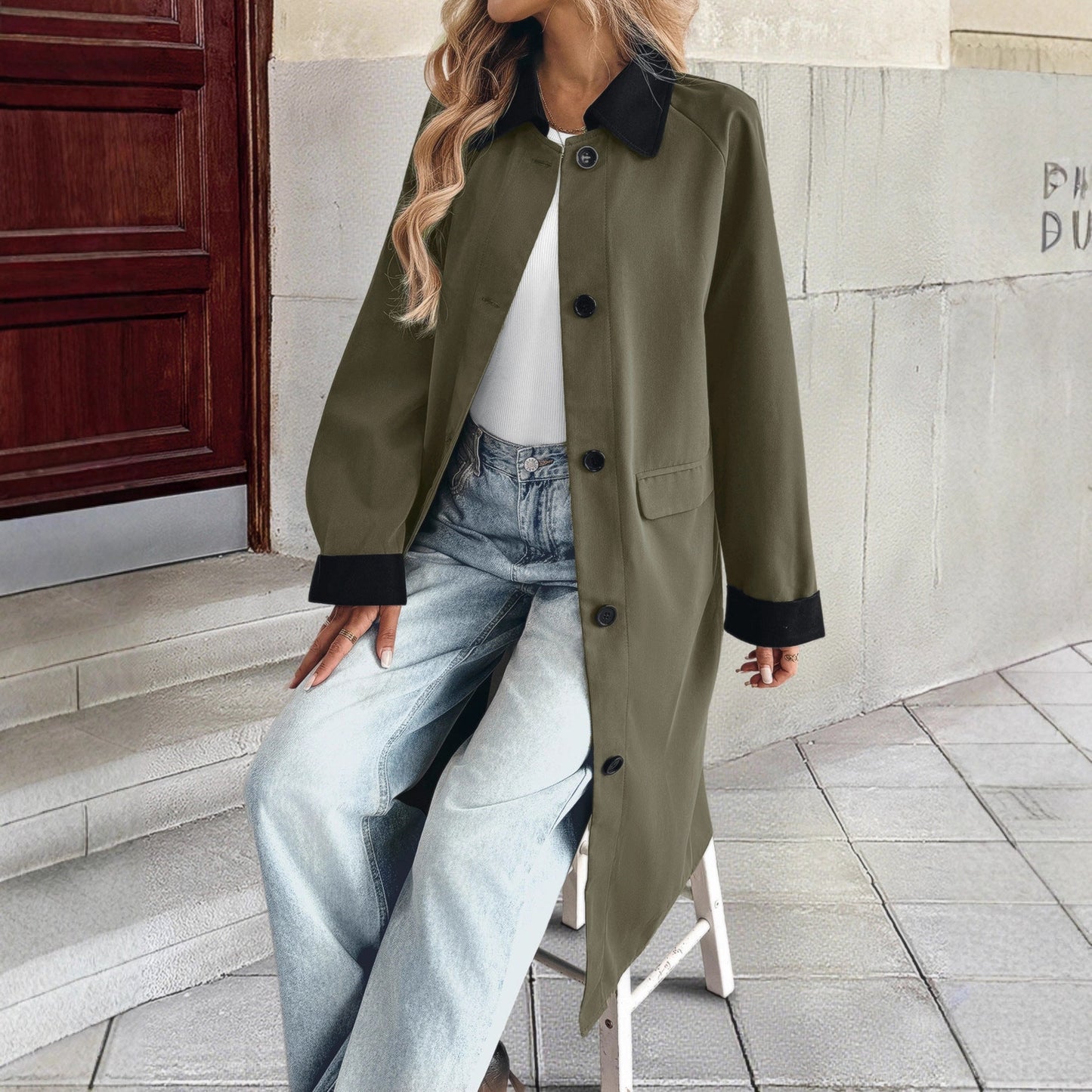 Women's Style Extended Single-breasted Lapel Color Matching Coats