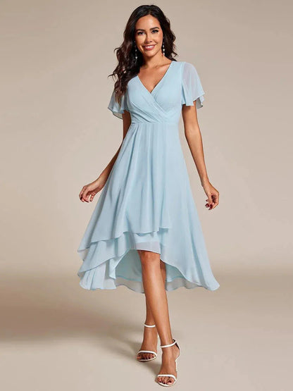 Ruffle Sleeve Pleated Midi Dress - V-Neck A-Line