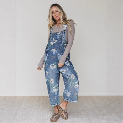 Street Trends Loose Printed Denim Jumpsuit
