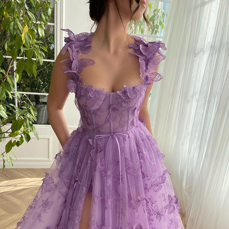 Spaghetti Strap Flower Fairy High-End Gown Banquet Party Elegant Evening Dress