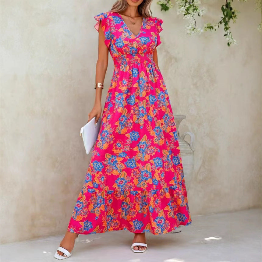 Summer seaside vacation fashion floral print sleeveless dress