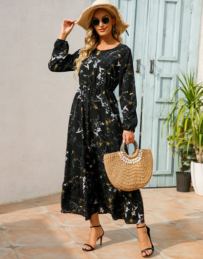 Spring and Autumn floral chiffon dress waist thin long sleeve round neck long printed skirt