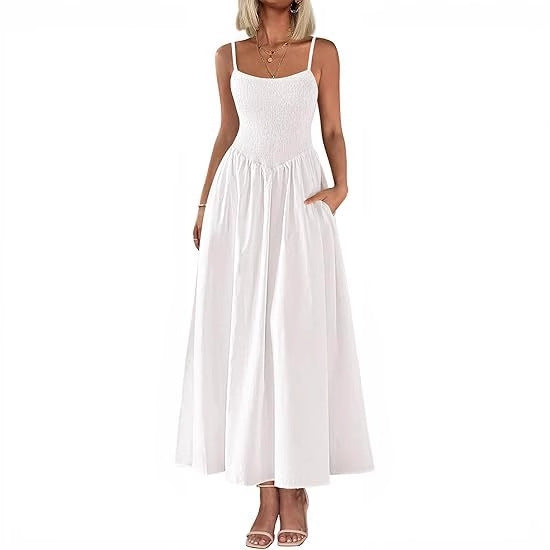 Women's Dress, Thin Shoulder Strap Pleated Vest, Suspender Pocket Dress