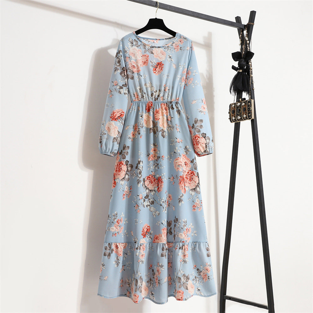Spring and Autumn floral chiffon dress waist thin long sleeve round neck long printed skirt