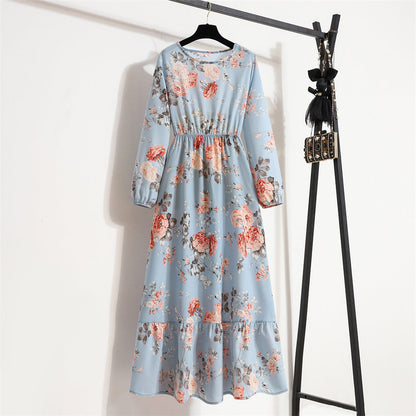 Spring and Autumn floral chiffon dress waist thin long sleeve round neck long printed skirt