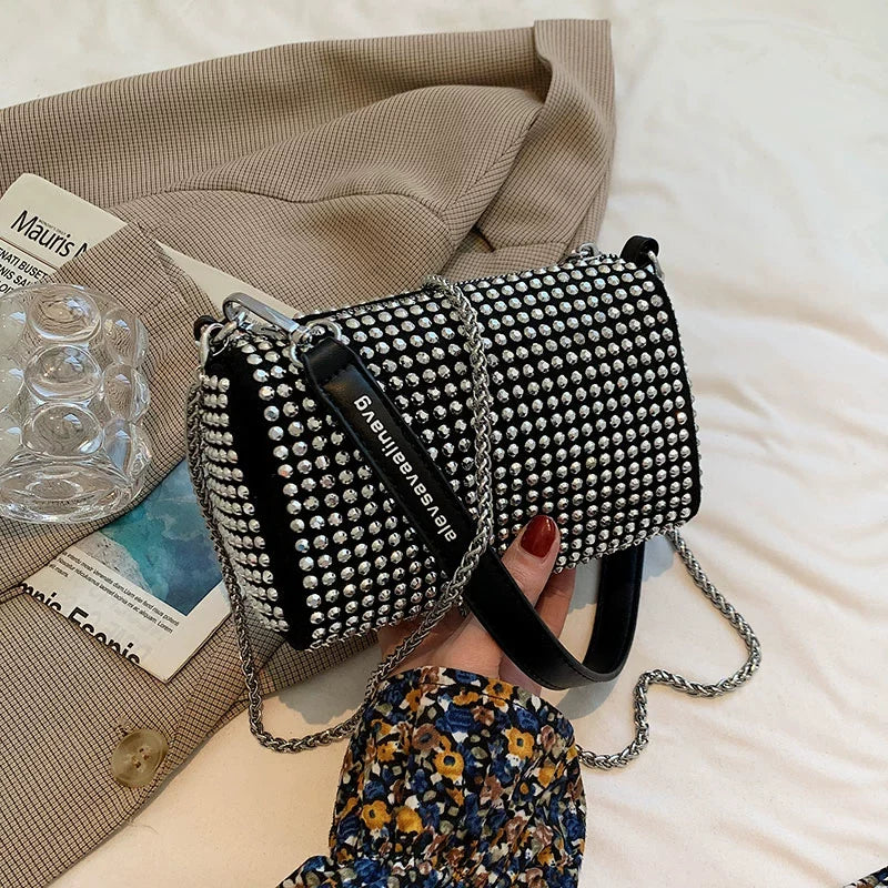 New Arrival Trendy Rhinestone Small Square Bag | Full Diamond Underarm Bag & Diamond-Embedded Women's Shoulder Crossbody Small Handbag