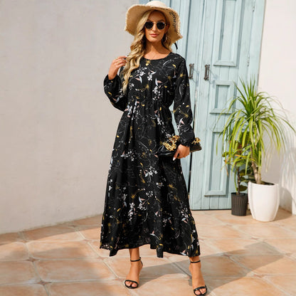 Spring and Autumn floral chiffon dress waist thin long sleeve round neck long printed skirt