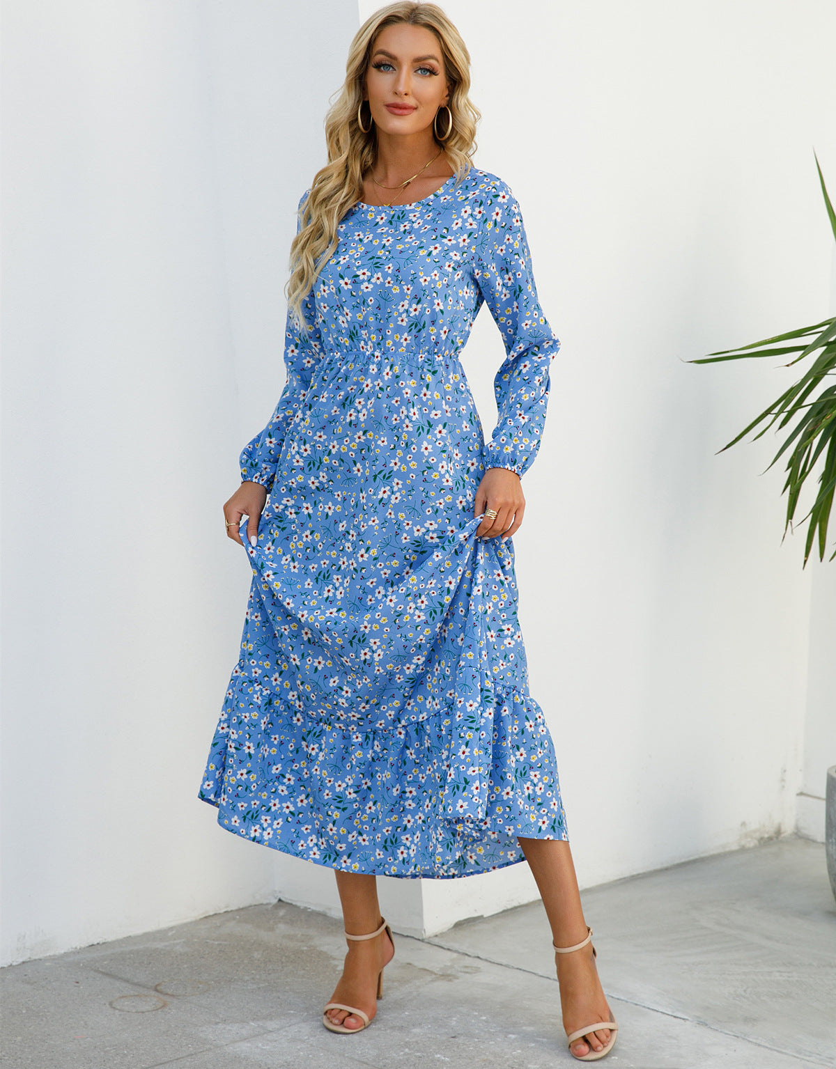 Spring and Autumn floral chiffon dress waist thin long sleeve round neck long printed skirt