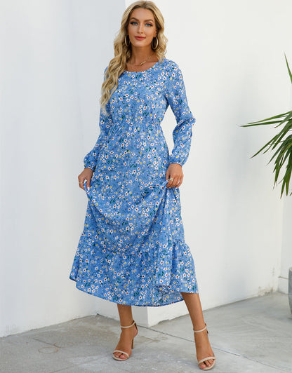 Spring and Autumn floral chiffon dress waist thin long sleeve round neck long printed skirt