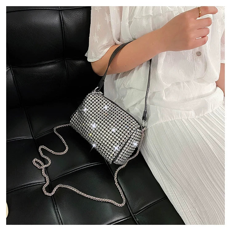 New Arrival Trendy Rhinestone Small Square Bag | Full Diamond Underarm Bag & Diamond-Embedded Women's Shoulder Crossbody Small Handbag