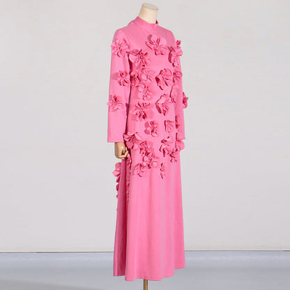 French Floral Stitching Dress Summer High Grade Vacation Stand Collar Long Sleeve Three Dimensional Long Dress