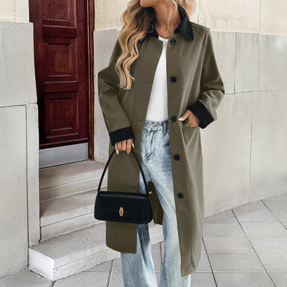 Women's Style Extended Single-breasted Lapel Color Matching Coats