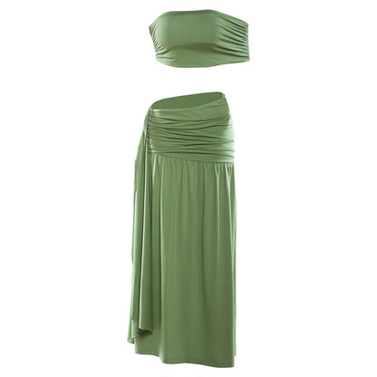 Women Clothing Spring Sexy Solid Color Tube Top Vest Slim Ribbon Pleated Skirt Sets