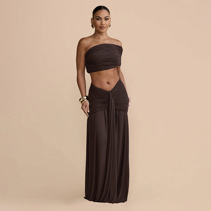 Women Clothing Spring Sexy Solid Color Tube Top Vest Slim Ribbon Pleated Skirt Sets