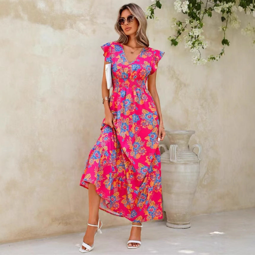Summer seaside vacation fashion floral print sleeveless dress