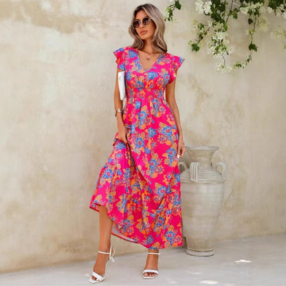 Summer seaside vacation fashion floral print sleeveless dress