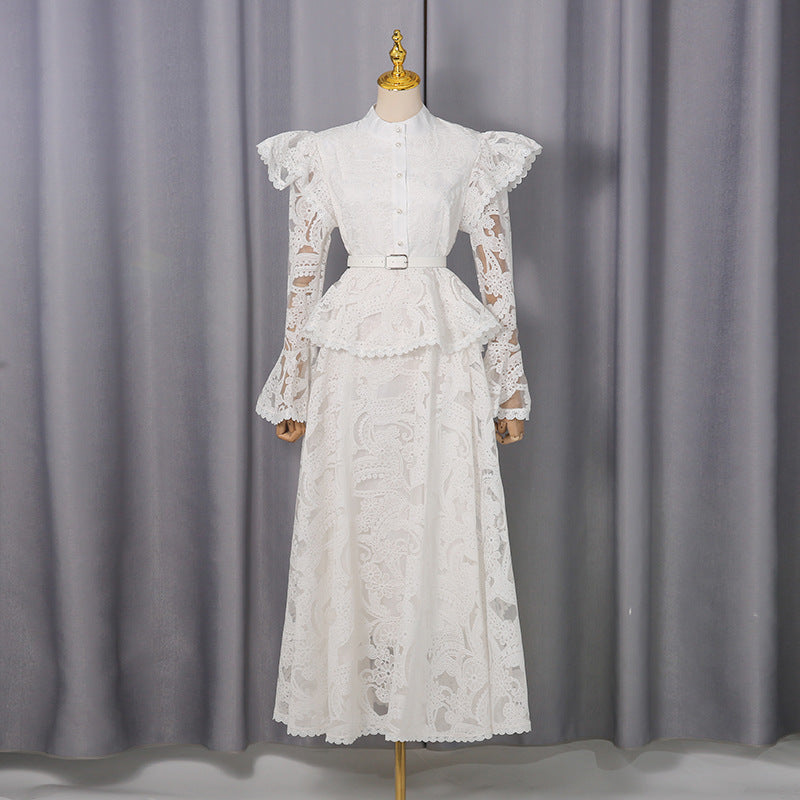 Spring French Cutout Lace Stitching Court Waist Slimming Elegant Dress for Women