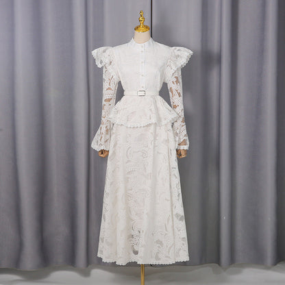 Spring French Cutout Lace Stitching Court Waist Slimming Elegant Dress for Women