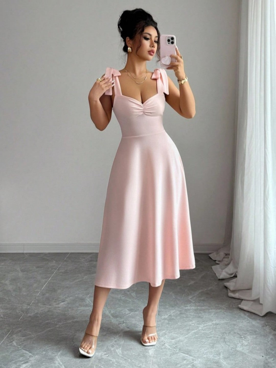 Spring Summer Solid Color Tied Dress Waist Slimming Elegant Graceful Maxi Dress