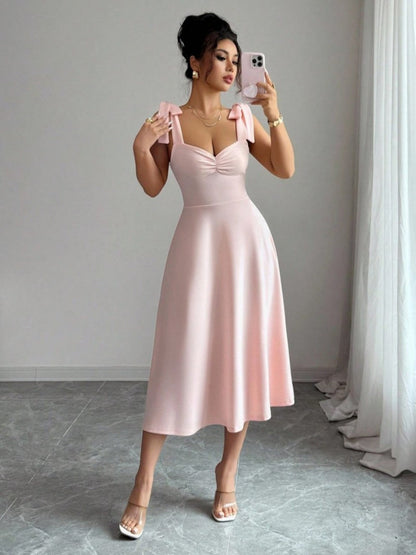 Spring Summer Solid Color Tied Dress Waist Slimming Elegant Graceful Maxi Dress