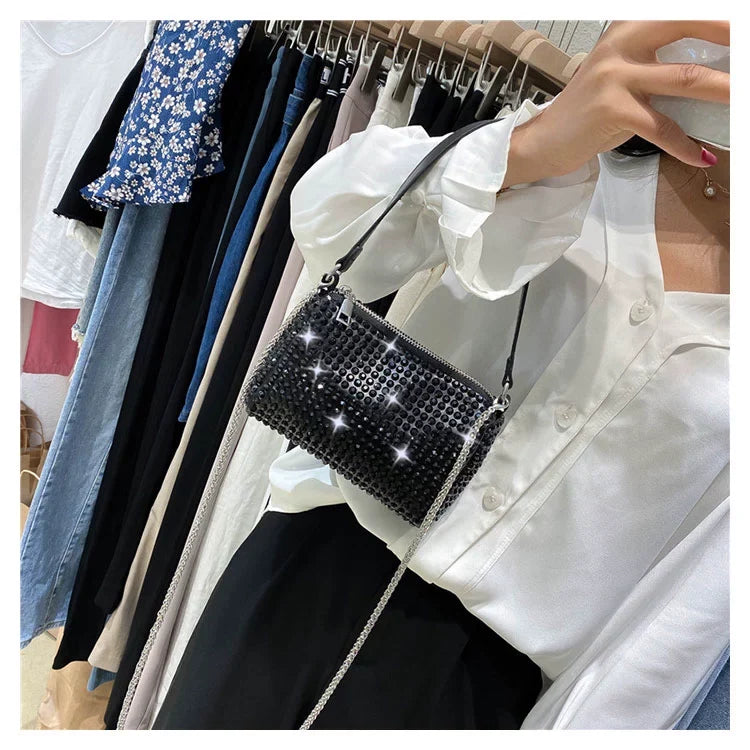 New Arrival Trendy Rhinestone Small Square Bag | Full Diamond Underarm Bag & Diamond-Embedded Women's Shoulder Crossbody Small Handbag