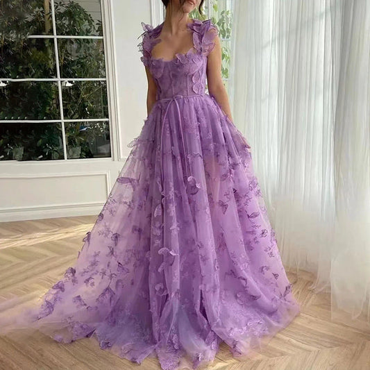 Spaghetti Strap Flower Fairy High-End Gown Banquet Party Elegant Evening Dress