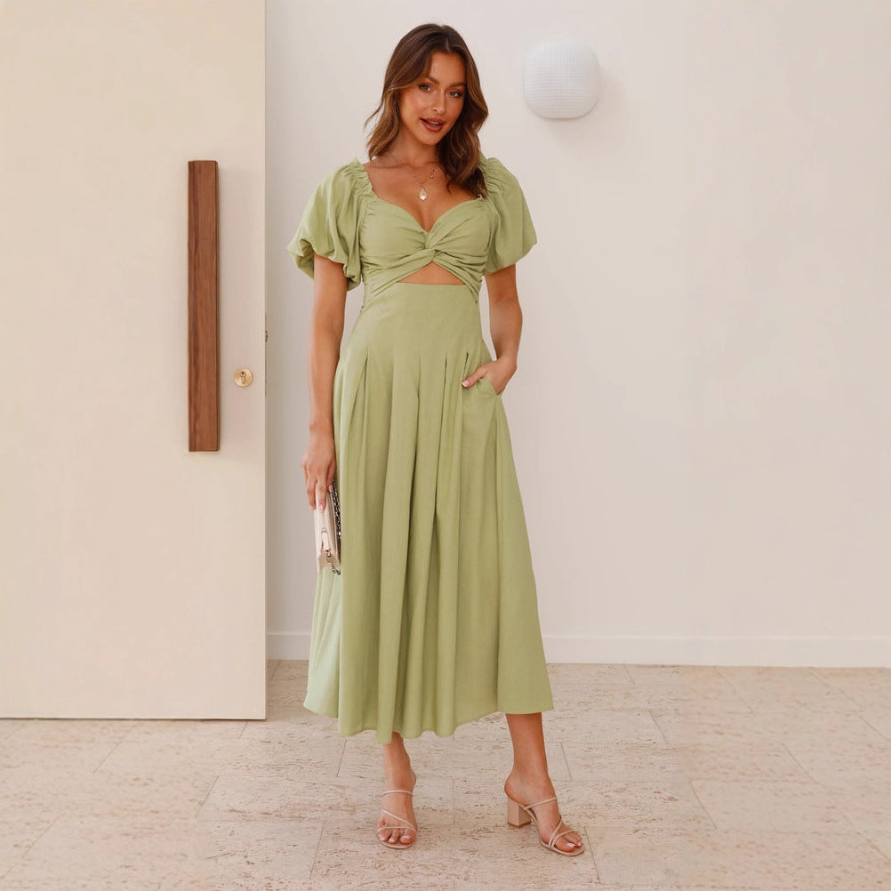 Sexy hollow women's senior sense slim A word waist medium and long dress