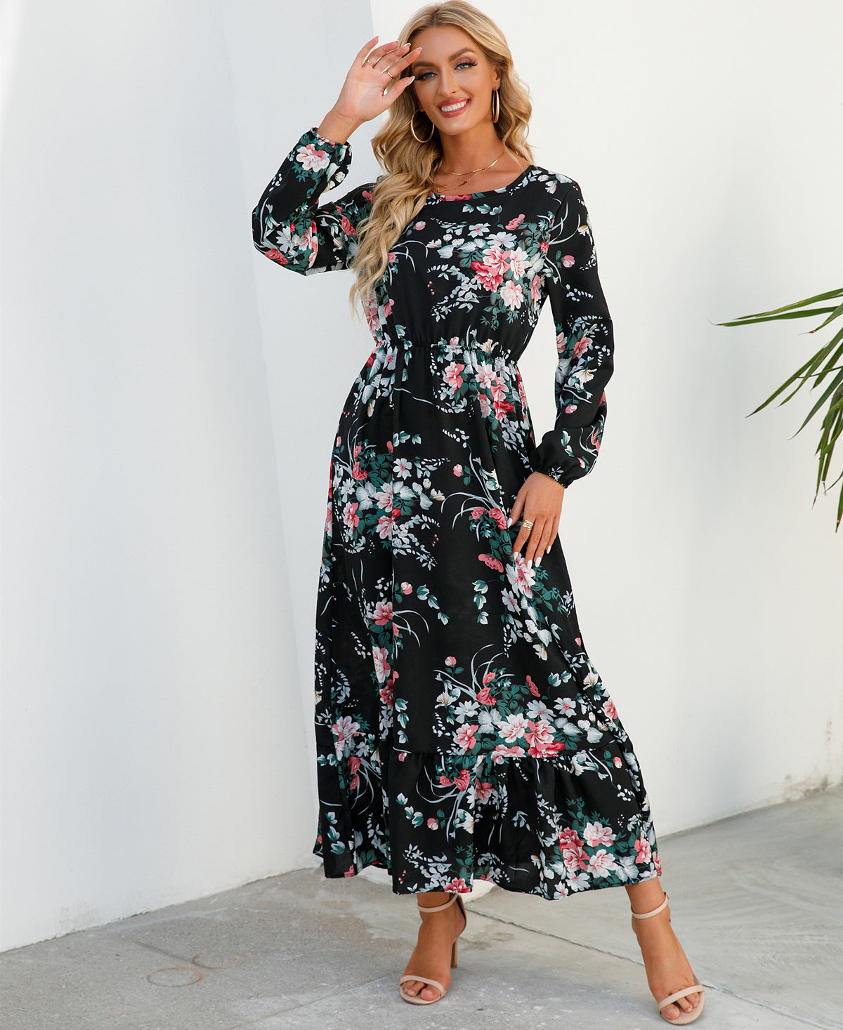 Spring and Autumn floral chiffon dress waist thin long sleeve round neck long printed skirt