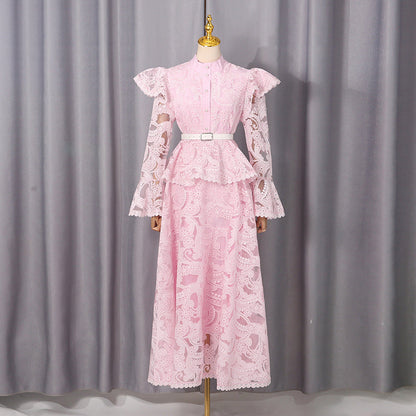 Spring French Cutout Lace Stitching Court Waist Slimming Elegant Dress for Women