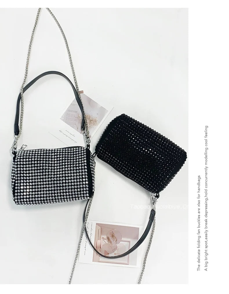 New Arrival Trendy Rhinestone Small Square Bag | Full Diamond Underarm Bag & Women's Chain Shoulder Crossbody Small Handbag (Japanese & Korean Style)