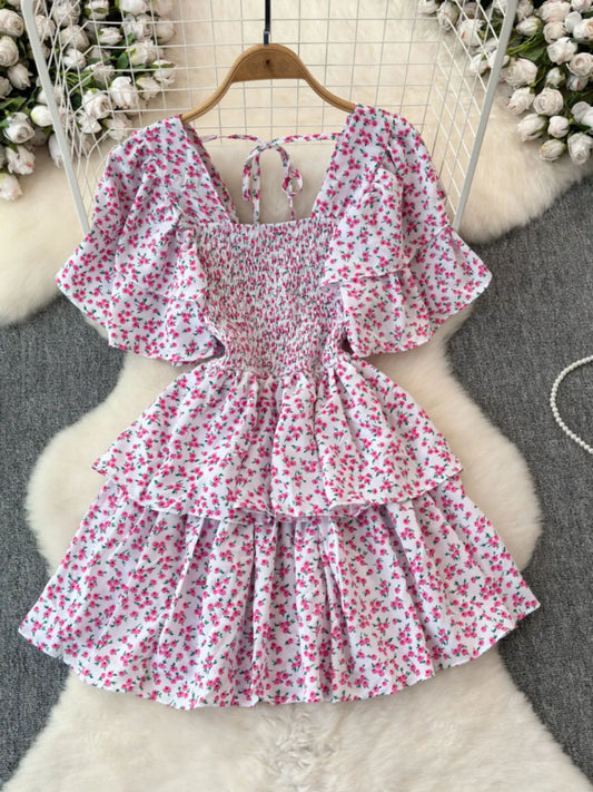 Design Summer Ruffle Sleeve Retro Pleated Floral Skirt