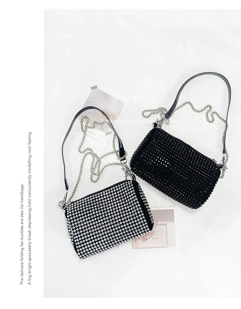 New Arrival Trendy Rhinestone Small Square Bag | Full Diamond Underarm Bag & Women's Chain Shoulder Crossbody Small Handbag (Japanese & Korean Style)