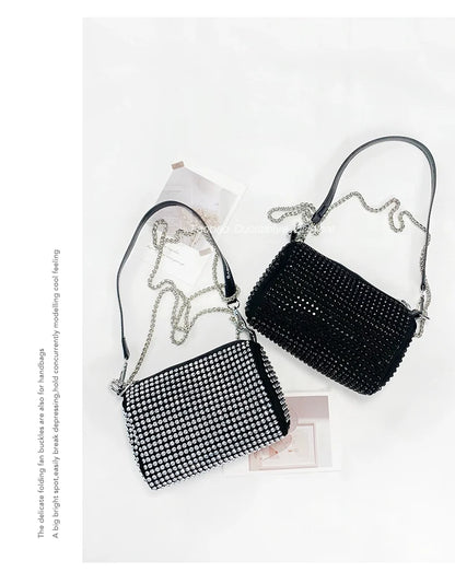 New Arrival Trendy Rhinestone Small Square Bag | Full Diamond Underarm Bag & Women's Chain Shoulder Crossbody Small Handbag (Japanese & Korean Style)