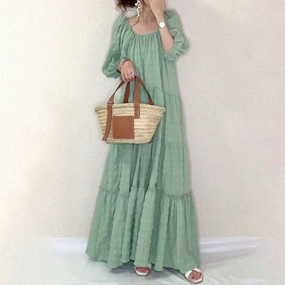 Fresh Square Collar Puff Sleeve Floor Fairy Dress