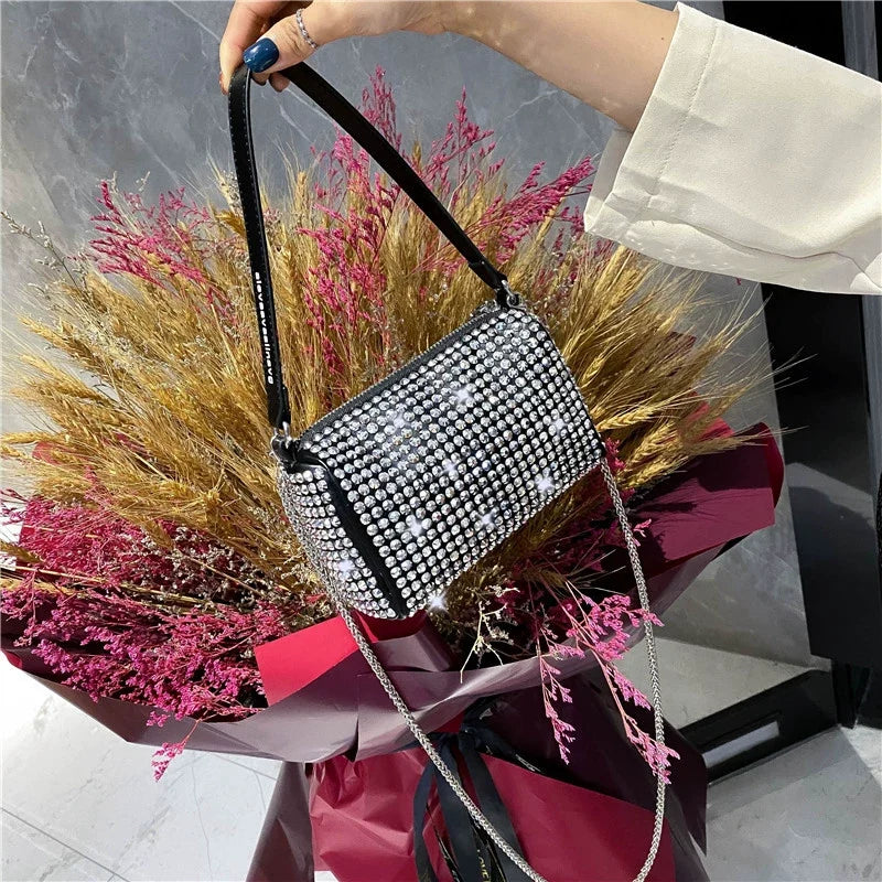 New Arrival Trendy Rhinestone Small Square Bag | Full Diamond Underarm Bag & Diamond-Embedded Women's Shoulder Crossbody Small Handbag