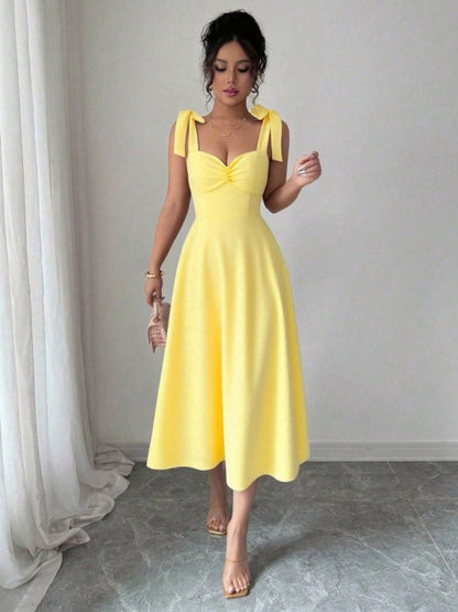 Spring Summer Solid Color Tied Dress Waist Slimming Elegant Graceful Maxi Dress