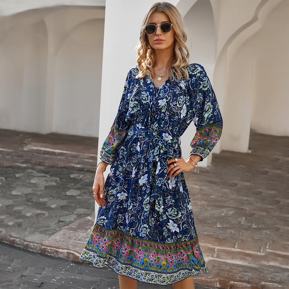 Spring Women's Bohemian Print Dress Long Sleeve V-Neck Tie A-Shape Dress Style