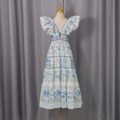 Spring Elegant Casual Women Dress High Waisted Flying Sleeves Floral Waist Slimming Dress