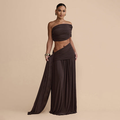 Women Clothing Spring Sexy Solid Color Tube Top Vest Slim Ribbon Pleated Skirt Sets