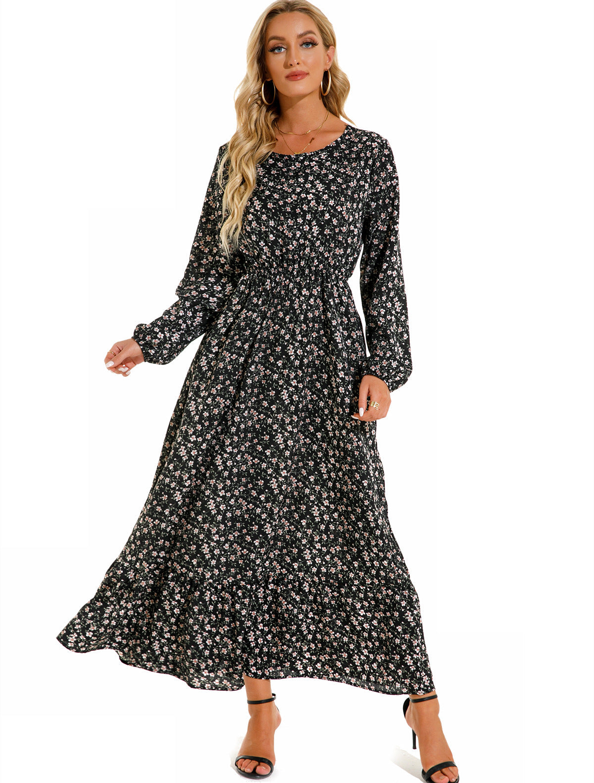 Spring and Autumn floral chiffon dress waist thin long sleeve round neck long printed skirt