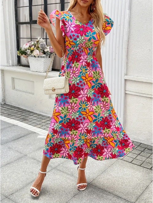 Summer seaside vacation fashion floral print sleeveless dress