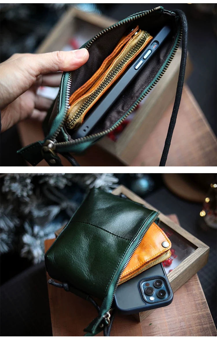 Genuine Leather Retro Portable Phone Bag | New Top Layer Cowhide Crossbody for Women (Pure Color)