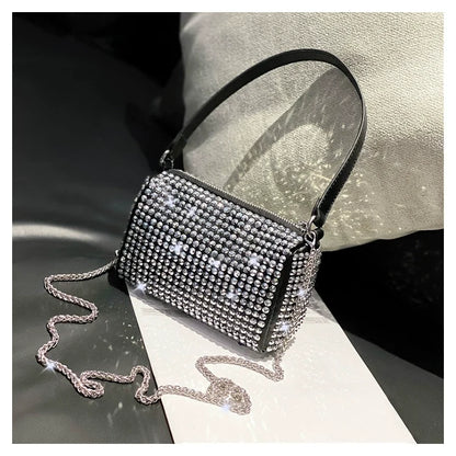 New Arrival Trendy Rhinestone Small Square Bag | Full Diamond Underarm Bag & Diamond-Embedded Women's Shoulder Crossbody Small Handbag