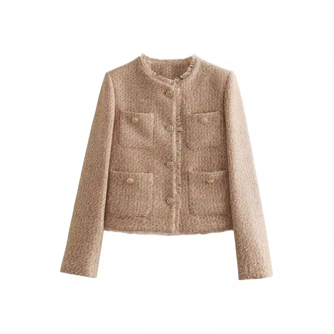 New Metal Button Pocket Woolen Breasted Coats